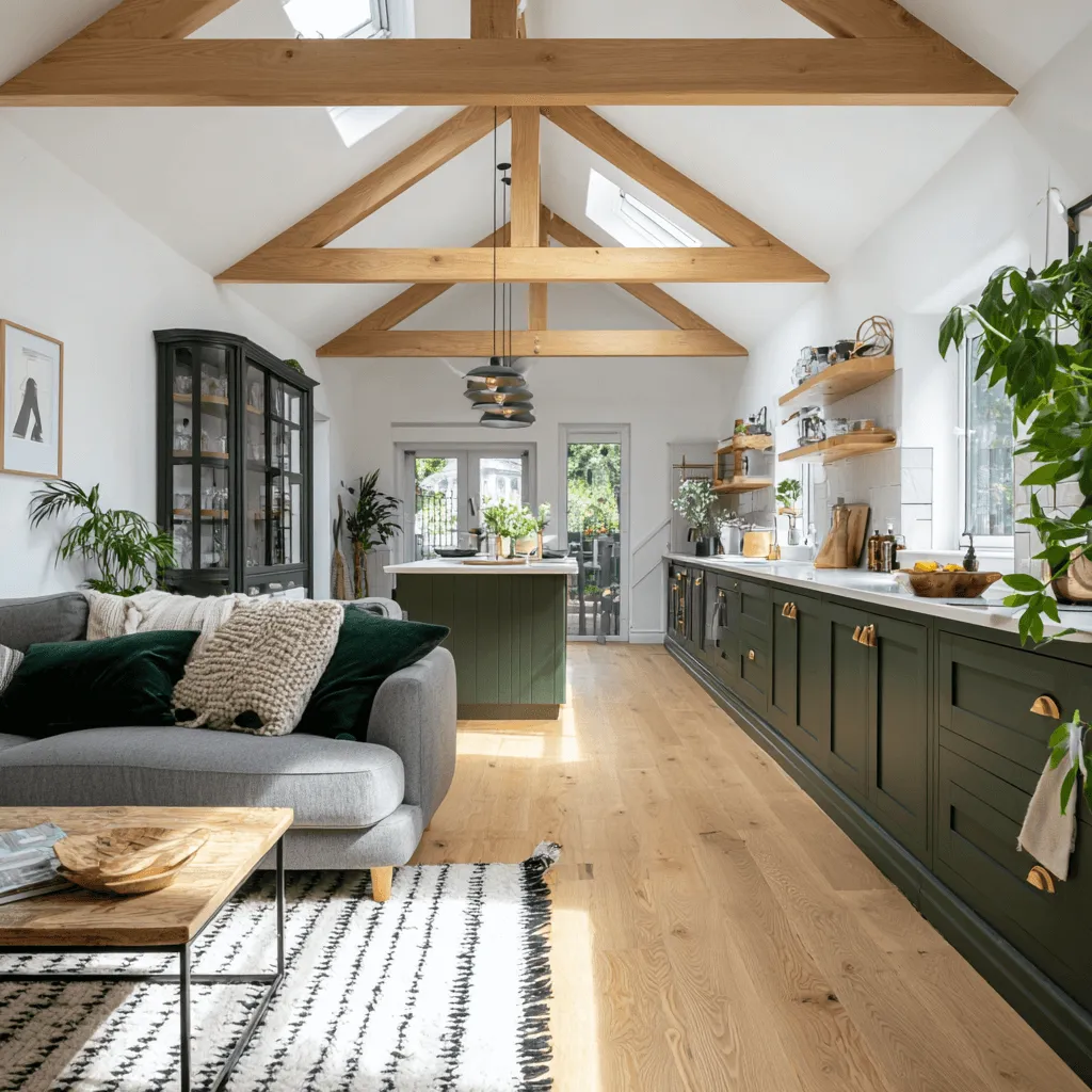 Finished open-plan living space with exposed oak trusses and green shaker kitchen