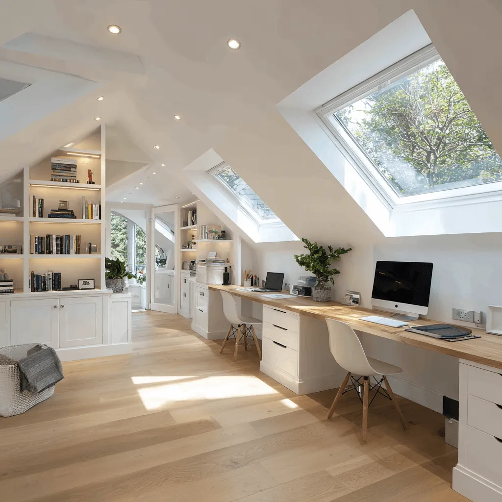 Loft conversion home office with large skylights